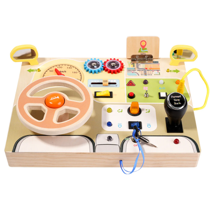 Placa busy board Montessori, din lemn, Cu Volan, Schimbator, Butoane Senzoriale, Alfabet Multicolor Pe Spate, 30 x 22cm [1]