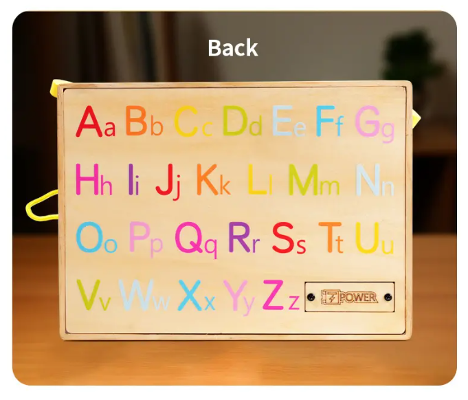 Placa busy board Montessori, din lemn, Cu Volan, Schimbator, Butoane Senzoriale, Alfabet Multicolor Pe Spate, 30 x 22cm [7]