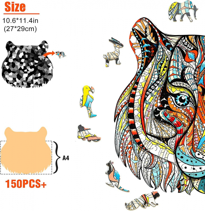 Puzzle din lemn, 150 piese in forma de animale, Model TIGRU, 30x30, cutie lemn, +6 ani [5]