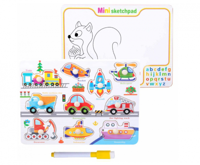 Puzzle educativ 2 in 1, Incastru cu maner si tablita de desen, carioca inclusa, din lemn, model Trafic, 10 piese, 30x22 cm [2]