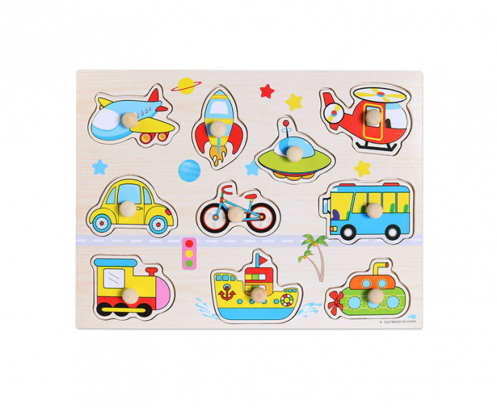 Puzzle educativ incastru, stil Montessori, model Mijloace de transport, din lemn, 30x22 [1]