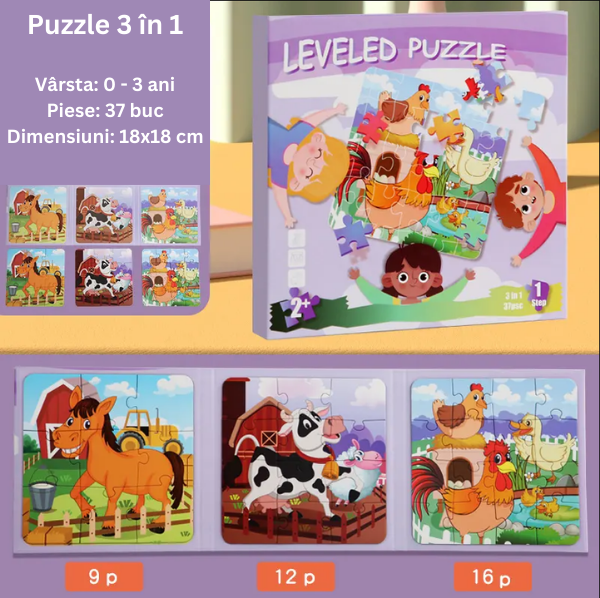 Puzzle magnetic 3 in 1, sub forma de carte, cu 3 nivele de dificultate, model animale de la ferma, 9-12-16 piese, +2ani [2]