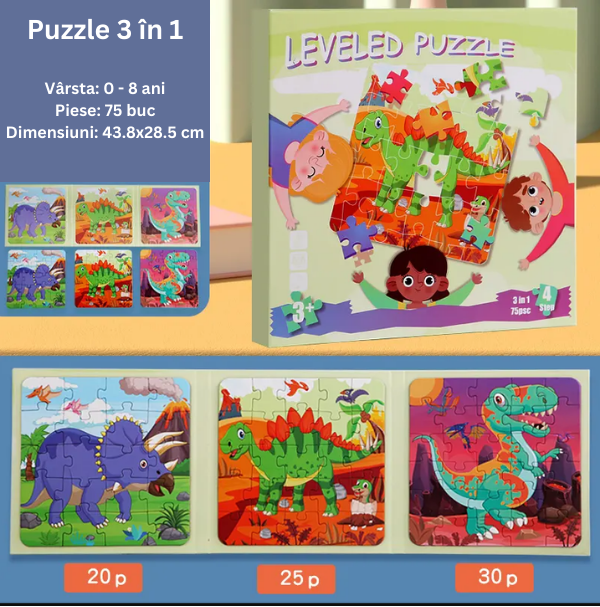 Puzzle magnetic 3 in 1, sub forma de carte, cu 3 nivele de dificultate, model dinozauri, 20-25-30 piese, +3ani [2]