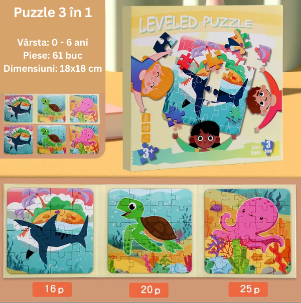 Puzzle magnetic 3 in 1, sub forma de carte, cu 3 nivele de dificultate, model ocean, 16-20-25 piese, +3ani [2]