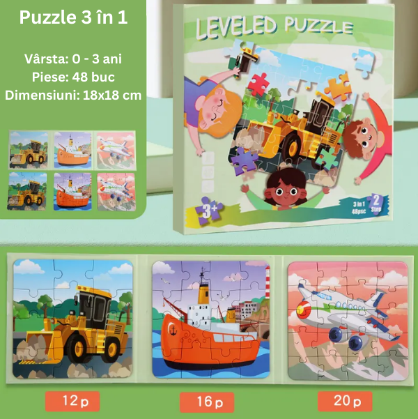 Puzzle magnetic 3 in 1, sub forma de carte, cu 3 nivele de dificultate, model traffic, 12-16-20 piese, +3ani [2]