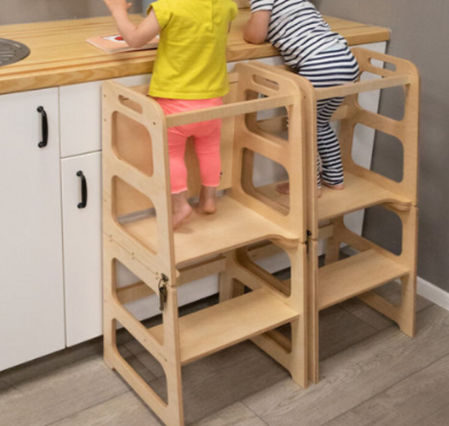 Scaun inaltator 3 in 1 cu tabla de scris, usor de transformat in masuta cu scaun, learning tower, din lemn, usor de curatat [6]