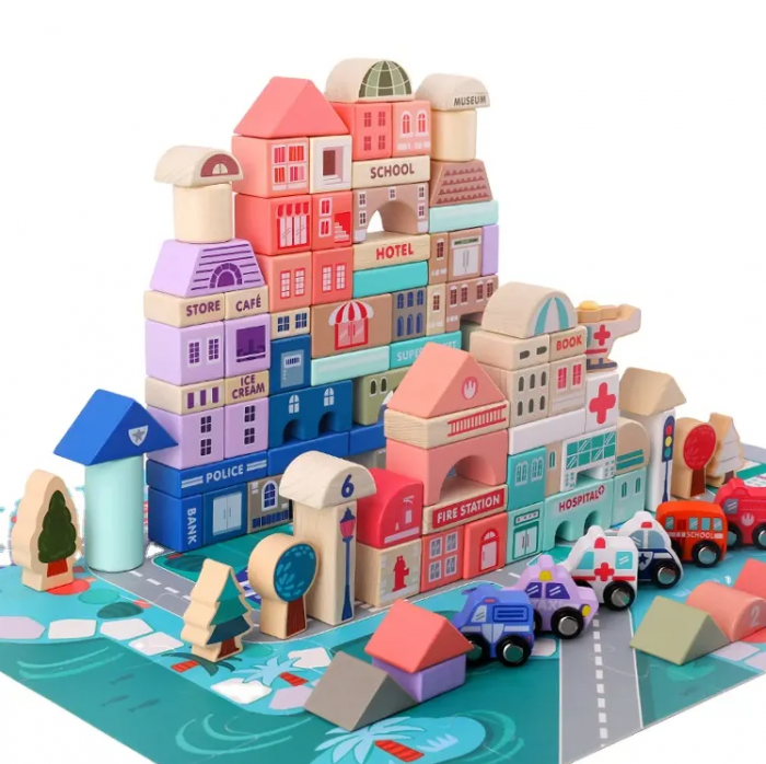 Set 115 cuburi de constructie din lemn "Orasul Meu",  contine puzzle Harta Urbana de 55x42cm [13]