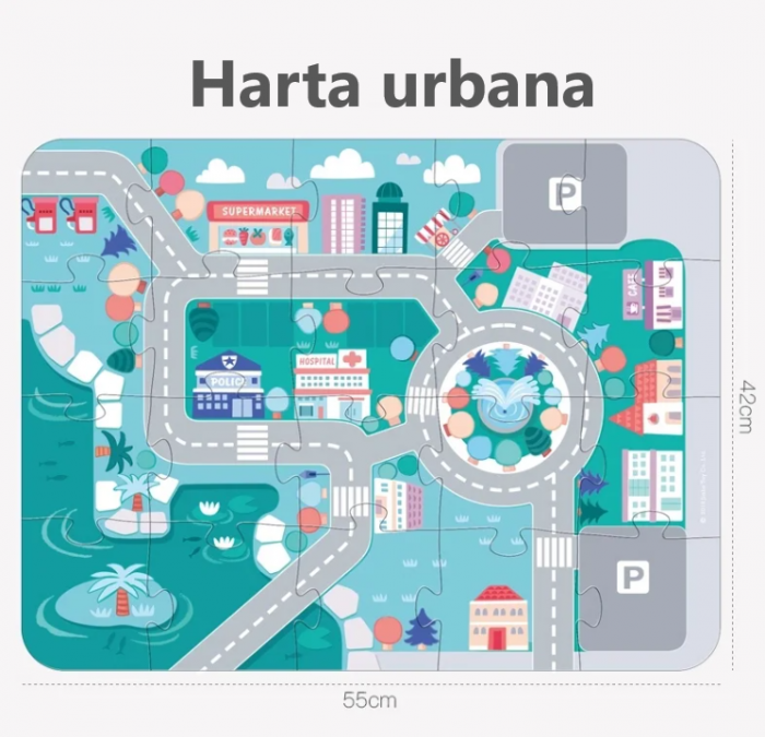 Set 115 cuburi de constructie din lemn "Orasul Meu",  contine puzzle Harta Urbana de 55x42cm [5]