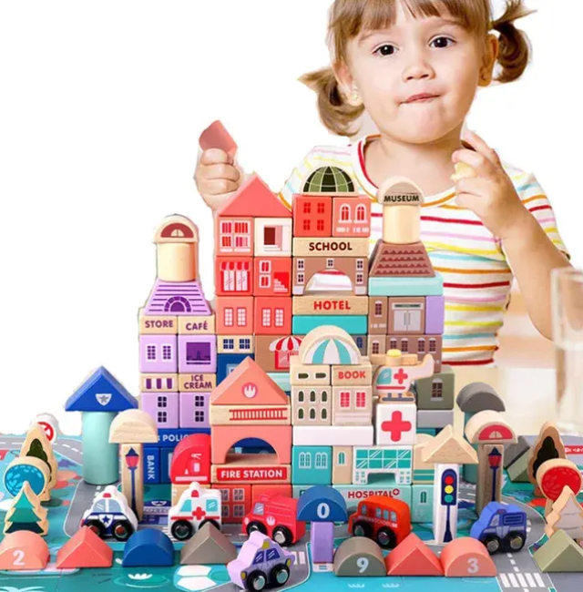 Set 115 cuburi de constructie din lemn "Orasul Meu",  contine puzzle Harta Urbana de 55x42cm [3]