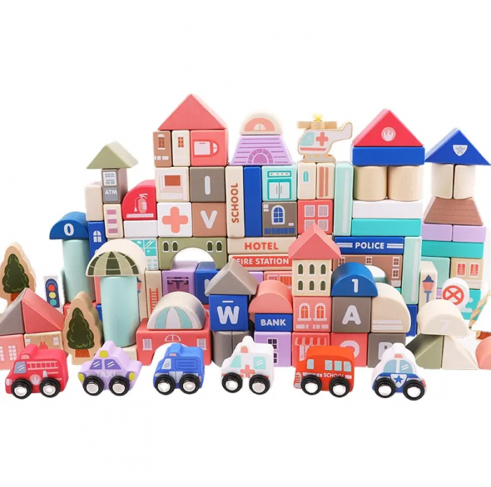 Set 115 cuburi de constructie din lemn "Orasul Meu",  contine puzzle Harta Urbana de 55x42cm [14]