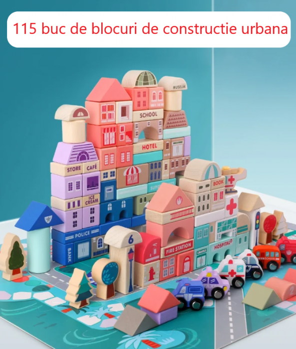 Set 115 cuburi de constructie din lemn "Orasul Meu",  contine puzzle Harta Urbana de 55x42cm [4]