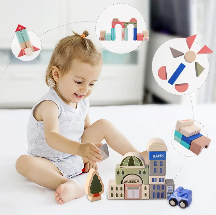 Set 115 cuburi de constructie din lemn "Orasul Meu",  contine puzzle Harta Urbana de 55x42cm [15]