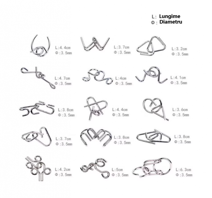 Set cu 15 puzzle-uri 3D din metal, joc de inteligenta, nivele de dificultate diferite, din 2 piese, +6ani [3]