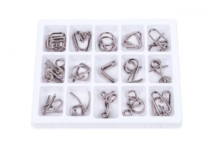 Set cu 15 puzzle-uri 3D din metal, joc de inteligenta, nivele de dificultate diferite, din 2 piese, +6ani [4]