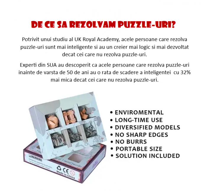 Set cu 6 puzzle-uri 3D din lemn si metal, joc de inteligenta, +6ani [5]