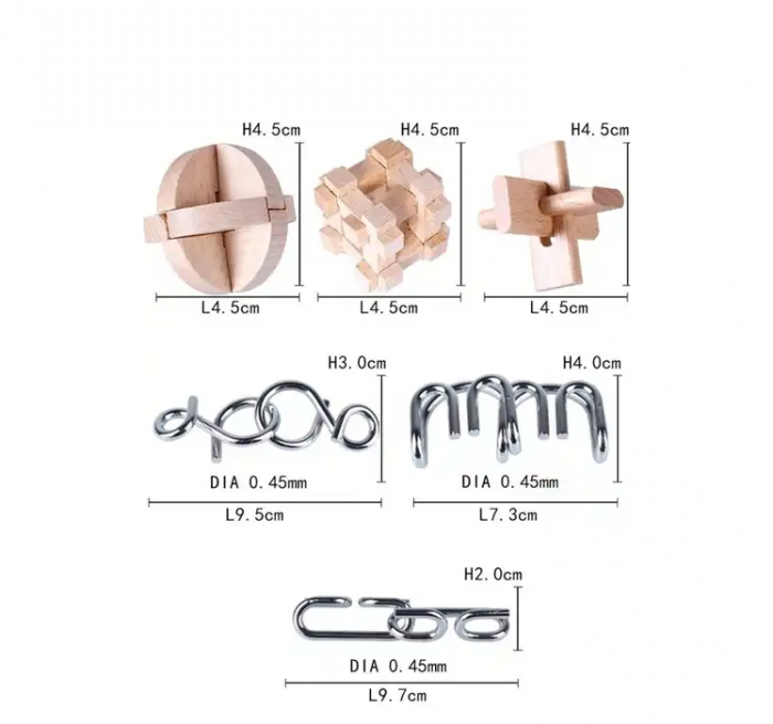 Set cu 6 puzzle-uri 3D din lemn si metal, joc de inteligenta, +6ani [4]