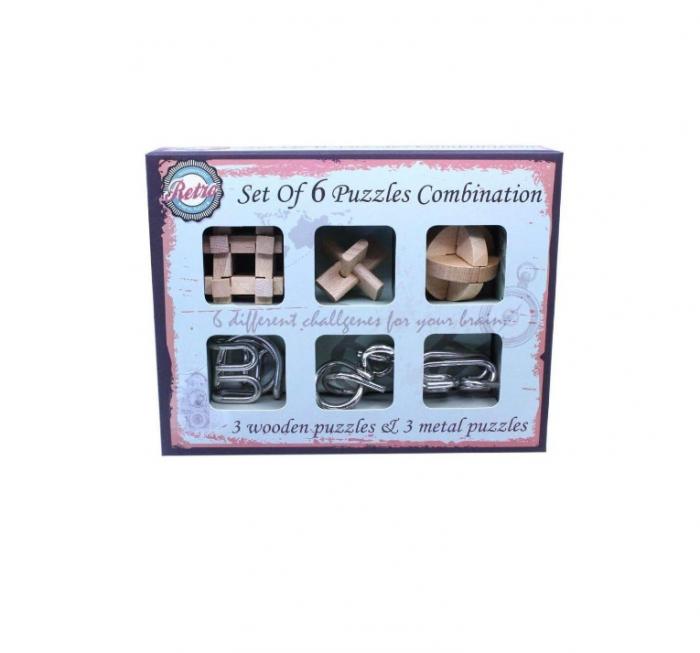Set cu 6 puzzle-uri 3D din lemn si metal, joc de inteligenta, +6ani [9]