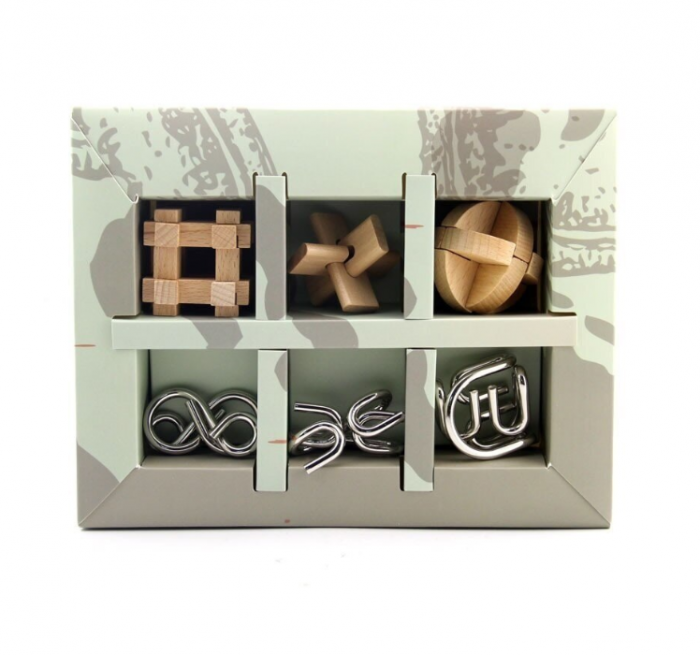 Set cu 6 puzzle-uri 3D din lemn si metal, joc de inteligenta, +6ani [6]