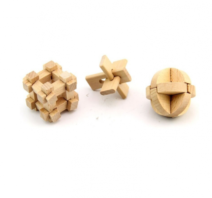 Set cu 6 puzzle-uri 3D din lemn si metal, joc de inteligenta, +6ani [8]