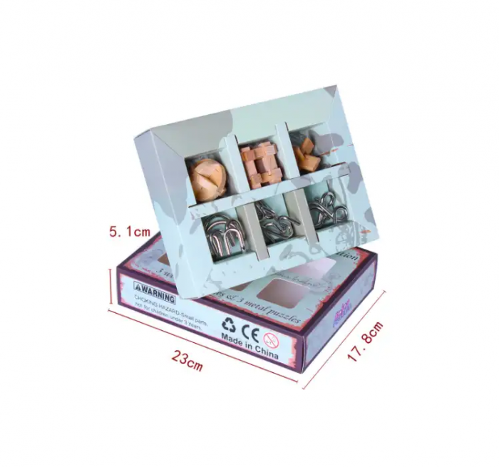 Set cu 6 puzzle-uri 3D din lemn si metal, joc de inteligenta, +6ani [3]