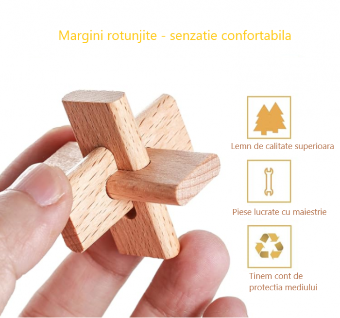 Set cu 6 puzzle-uri 3D din lemn si metal, joc de inteligenta, nivele de dificultate diferite, cutie neagra, +8ani [10]