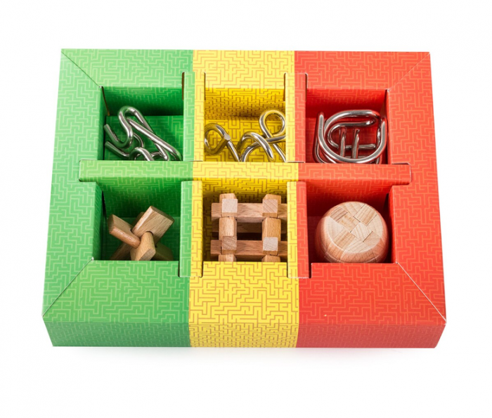 Set cu 6 puzzle-uri 3D din lemn si metal, joc de inteligenta, nivele de dificultate diferite, cutie neagra, +8ani [3]