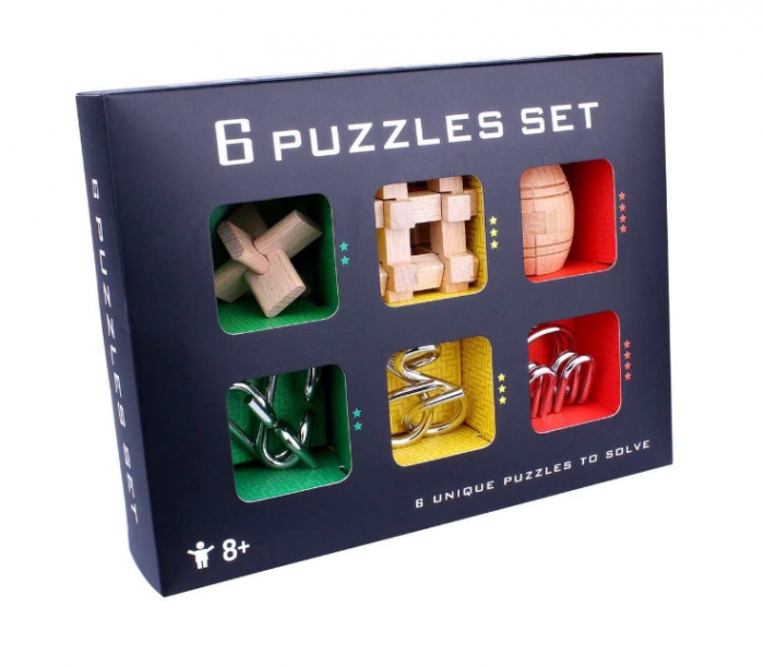 Set cu 6 puzzle-uri 3D din lemn si metal, joc de inteligenta, nivele de dificultate diferite, cutie neagra, +8ani [4]