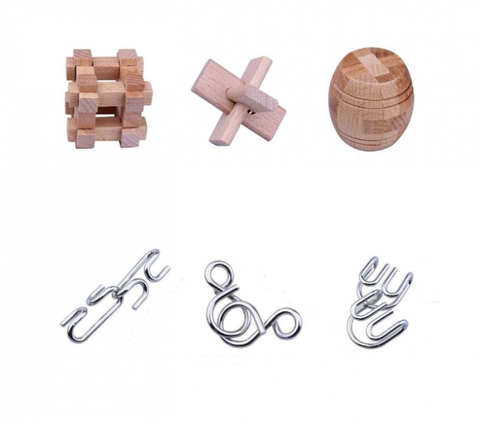 Set cu 6 puzzle-uri 3D din lemn si metal, joc de inteligenta, nivele de dificultate diferite, cutie neagra, +8ani [6]