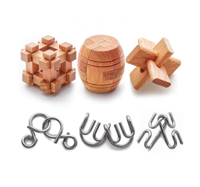 Set cu 6 puzzle-uri 3D din lemn si metal, joc de inteligenta, nivele de dificultate diferite, cutie neagra, +8ani [8]