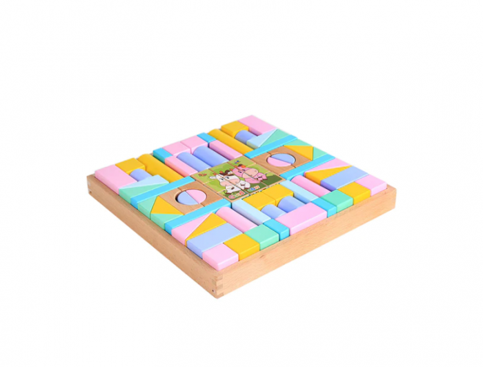 Set cuburi de constructie din lemn, contine puzzle 6 in 1 din lemn, culori pastel, 70 piese [10]