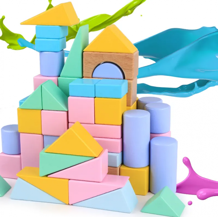 Set cuburi de constructie din lemn, contine puzzle 6 in 1 din lemn si saculet depozitare, culori pastel, 57 piese [9]