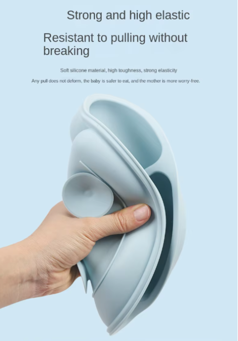 Set de hranire bebelusi 6 in 1 Ælements, din silicon fara BPA, contine Bol, Baveta Reglabila, Cana cu capac si pai, Farfurie, Lingura si Furculita, Albastru [8]