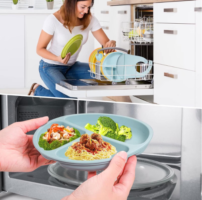 Set de hranire bebelusi 6 in 1 Ælements, din silicon fara BPA, contine Bol, Baveta Reglabila, Cana cu capac si pai, Farfurie, Lingura si Furculita, Albastru [3]