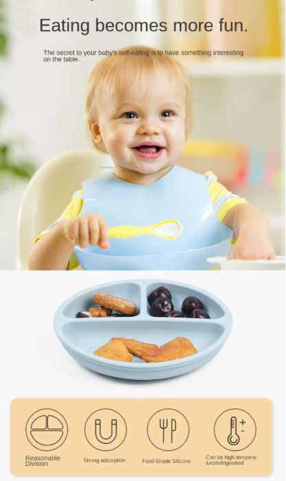 Set de hranire bebelusi 6 in 1 Ælements, din silicon fara BPA, contine Bol, Baveta Reglabila, Cana cu capac si pai, Farfurie, Lingura si Furculita, Albastru [5]