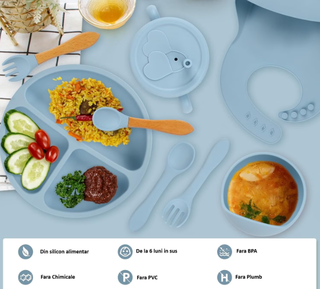Set de hranire bebelusi 6 in 1 Ælements, din silicon fara BPA, contine Bol, Baveta Reglabila, Cana cu capac si pai, Farfurie, Lingura si Furculita, Albastru [2]
