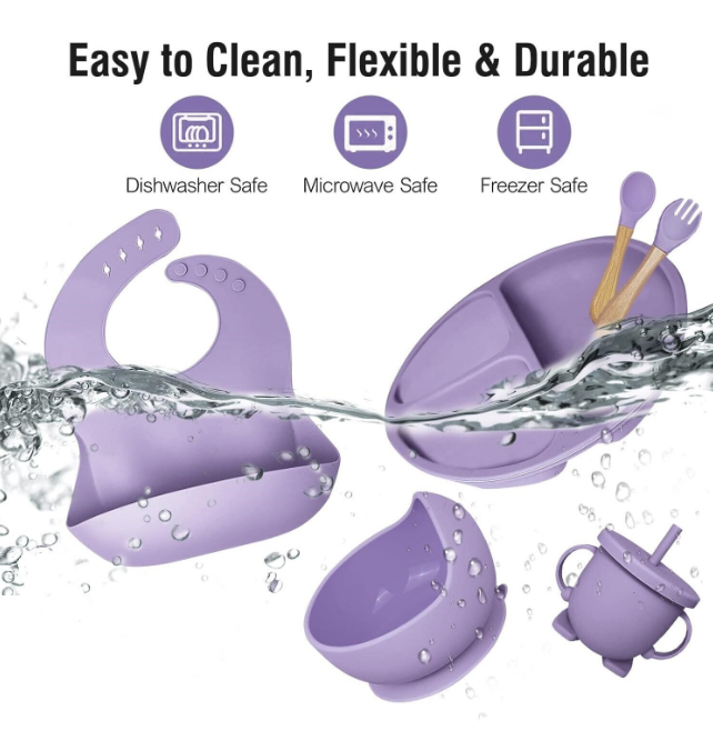 Set de hranire bebelusi 6 in 1 Ælements, din silicon fara BPA, contine Bol, Baveta Reglabila, Cana cu capac si pai, Farfurie, Lingura si Furculita, Mov [3]