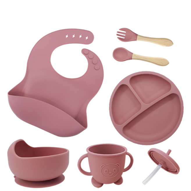 Set de hranire bebelusi 6 in 1 Ælements, din silicon fara BPA, contine Bol, Baveta Reglabila, Cana cu capac si pai, Farfurie, Lingura si Furculita, Roz [3]