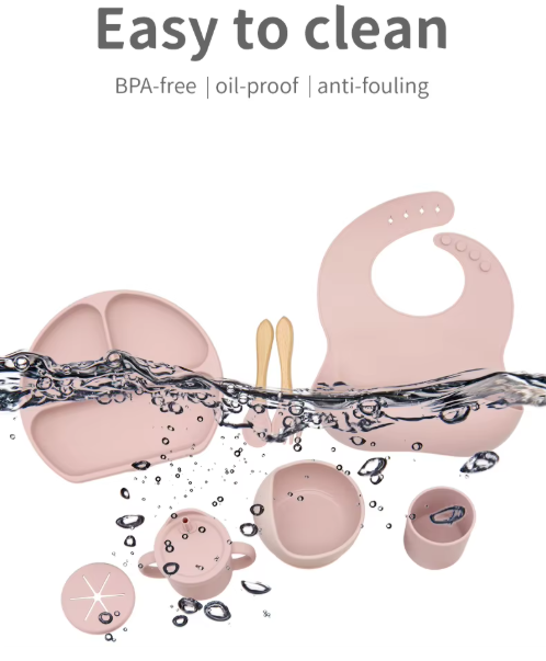 Set de hranire bebelusi 6 in 1 Ælements, din silicon fara BPA, contine Bol, Baveta Reglabila, Cana cu capac si pai, Farfurie, Lingura si Furculita, Roz [5]