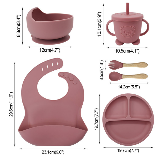 Set de hranire bebelusi 6 in 1 Ælements, din silicon fara BPA, contine Bol, Baveta Reglabila, Cana cu capac si pai, Farfurie, Lingura si Furculita, Roz [2]