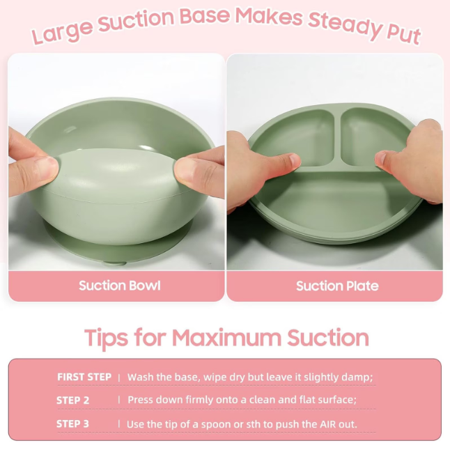 Set de hranire bebelusi 6 in 1 Ælements, din silicon fara BPA, contine Bol, Baveta Reglabila, Cana cu capac si pai, Farfurie, Lingura si Furculita, Verde [2]