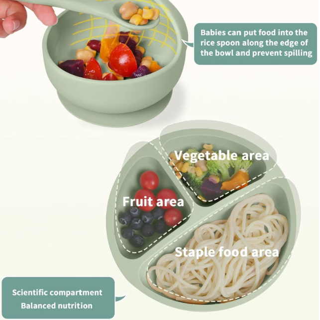 Set de hranire bebelusi 6 in 1 Ælements, din silicon fara BPA, contine Bol, Baveta Reglabila, Cana cu capac si pai, Farfurie, Lingura si Furculita, Verde [3]