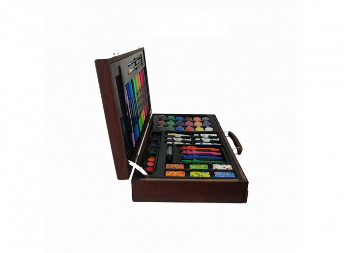 Set pentru desen si pictura, creioane, acuarele, cutie depozitare din lemn cu maner tip servieta, 123 buc [5]