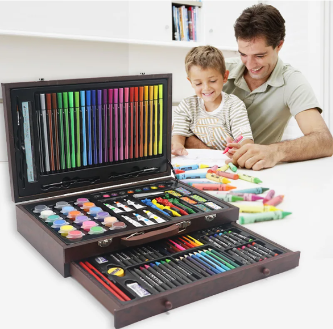 Set pentru desen si pictura, creioane, acuarele, cutie depozitare din lemn cu maner tip servieta, 123 buc [6]
