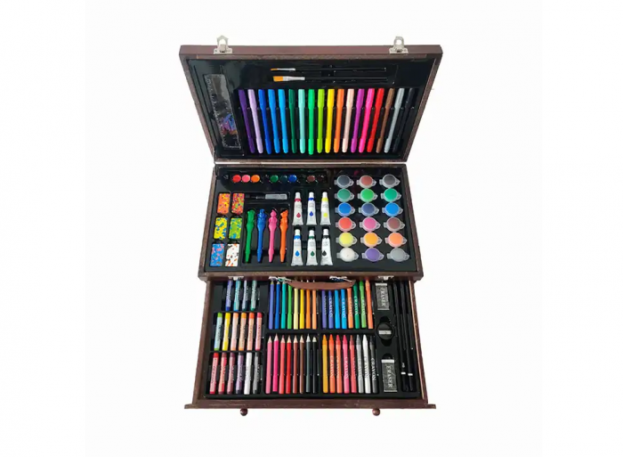 Set pentru desen si pictura, creioane, acuarele, cutie depozitare din lemn cu maner tip servieta, 123 buc [1]