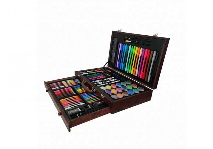 Set pentru desen si pictura, creioane, acuarele, cutie depozitare din lemn cu maner tip servieta, 123 buc [4]