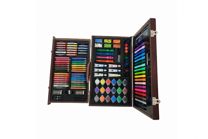Set pentru desen si pictura, creioane, acuarele, cutie depozitare din lemn cu maner tip servieta, 123 buc [3]