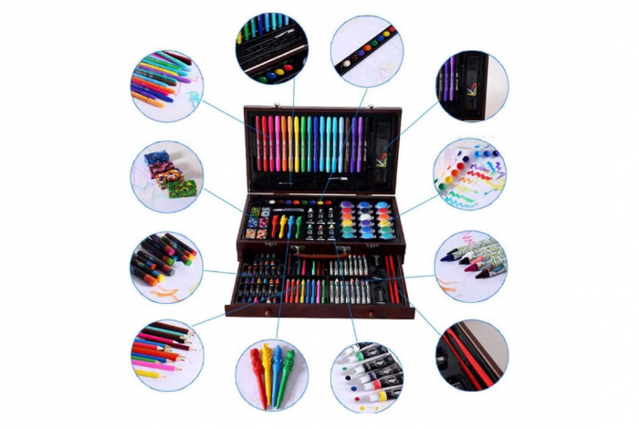 Set pentru desen si pictura, creioane, acuarele, cutie depozitare din lemn cu maner tip servieta, 123 buc [8]