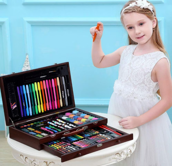 Set pentru desen si pictura, creioane, acuarele, cutie depozitare din lemn cu maner tip servieta, 123 buc [9]