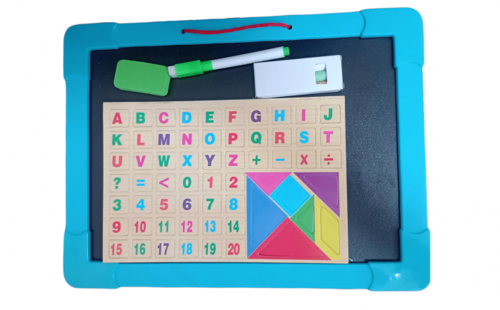 Tabla 2 in 1, din lemn, contine litere si cifre magnetice, marker, creta si burete de sters, agatatoare, albastru, 43x33 cm [2]