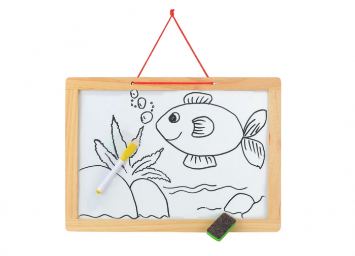 Tabla 2 in 1, din lemn, contine litere si cifre magnetice, marker, creta si burete de sters, agatatoare, natur, 43x33 cm [2]